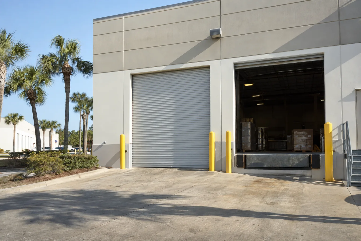 Exterior of a flat-roofed central Florida commercial building showing a closed rolling steel coiling door next to an open loading bay with a dock leveler, palm trees in the background under clear blue sky.