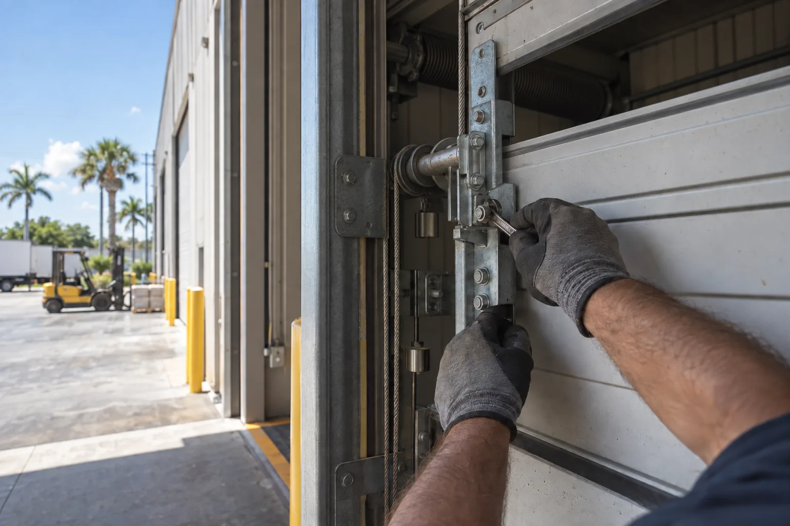 Close view of a technician's gloved hands adjusting the spring assembly on a commercial sectional overhead garage door at a concrete loading dock, bright Florida daylight.