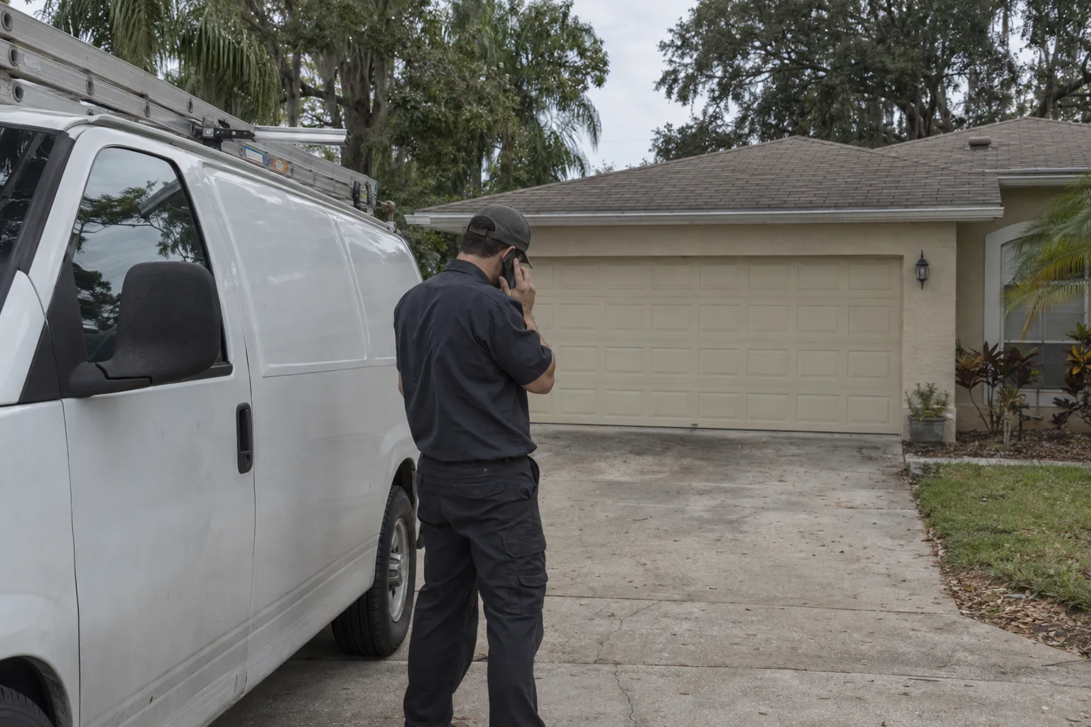 A technician facing away from the camera speaks on a phone beside a white service van in a sunny Florida residential driveway, with a stucco home and palm trees in the background