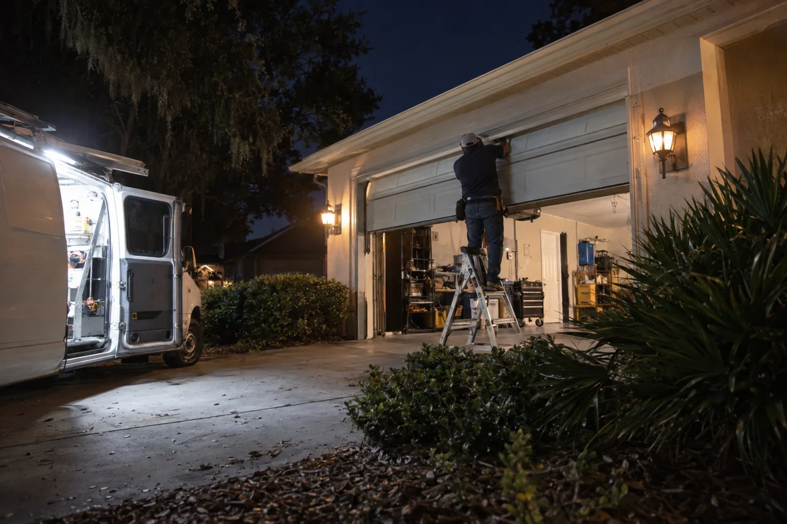 A technician seen from behind works on a raised sectional garage door at night, illuminated by service van floodlights on a suburban Florida driveway bordered by palms and live oaks