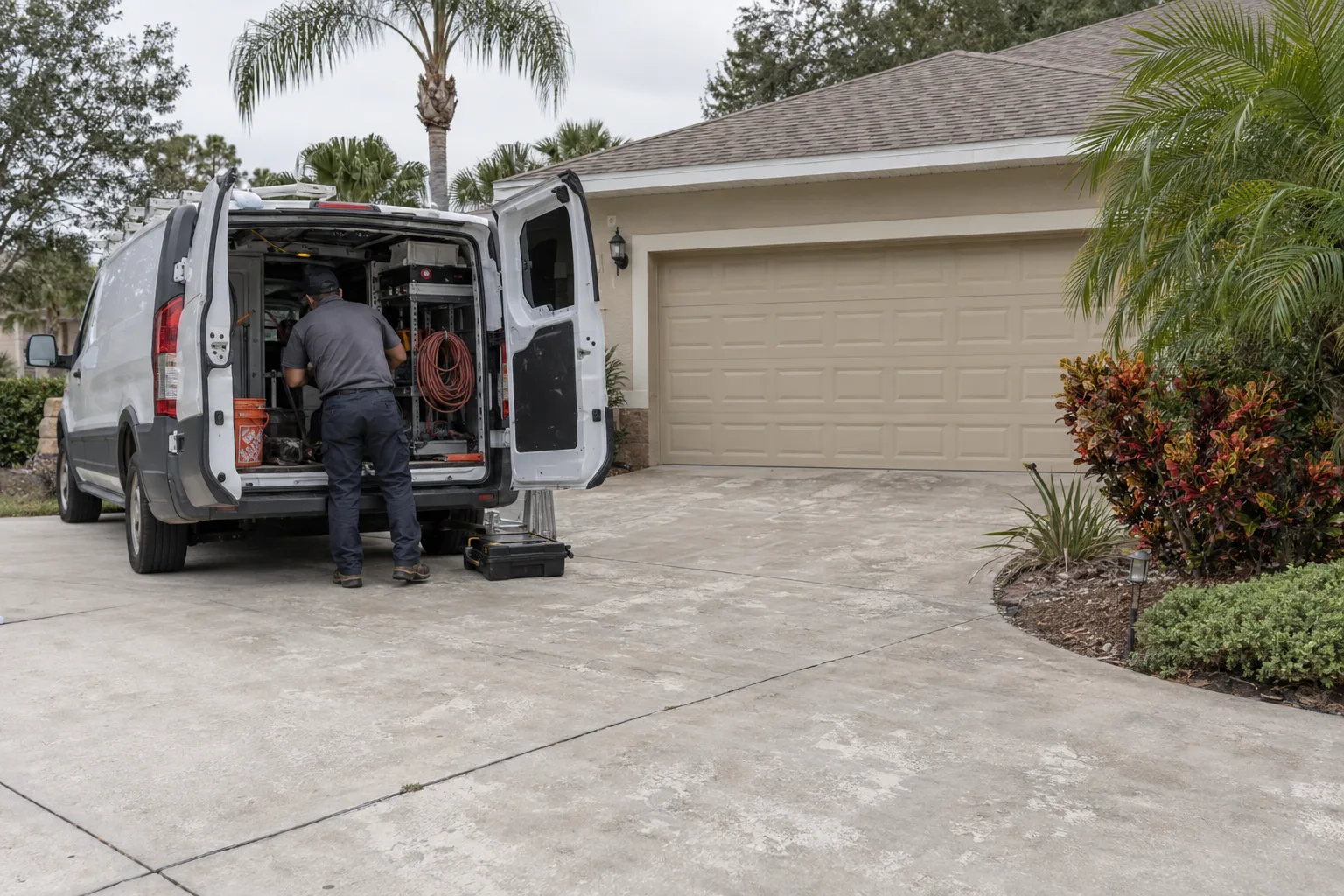 A service technician unloading equipment from the back of a white van parked in the driveway of a stucco suburban home, with an attached two-car garage visible in the background and tropical landscaping on either side