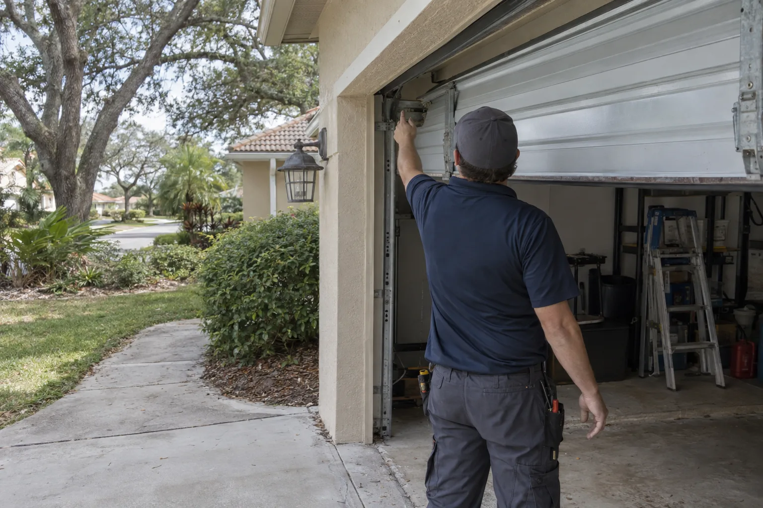 A garage door technician gesturing toward the mechanism of an open sectional door while standing in the driveway of a stucco Florida home surrounded by green trees in bright daylight