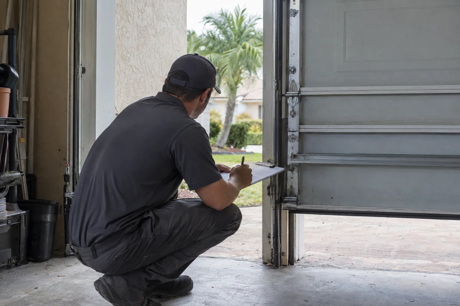 A technician crouches next to an open sectional garage door reviewing a clipboard, with sunlight streaming in from outside and a glimpse of tropical vegetation beyond the driveway