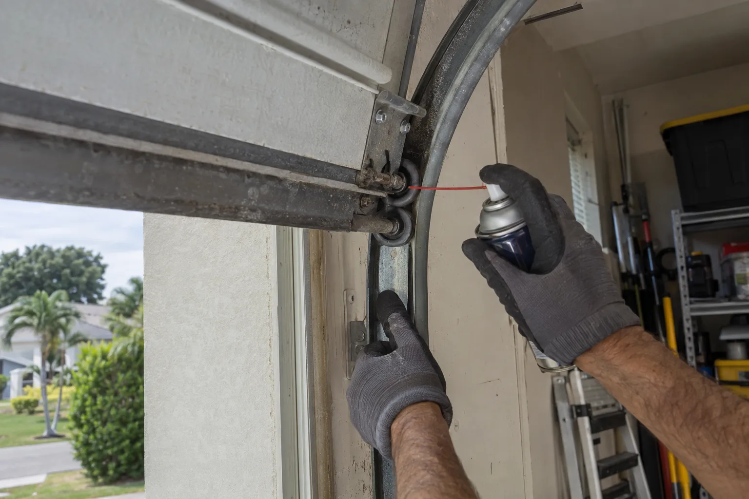 Gloved hands lubricating a garage door roller and track bracket during a routine maintenance visit inside a residential garage, with soft light entering from the open door bay