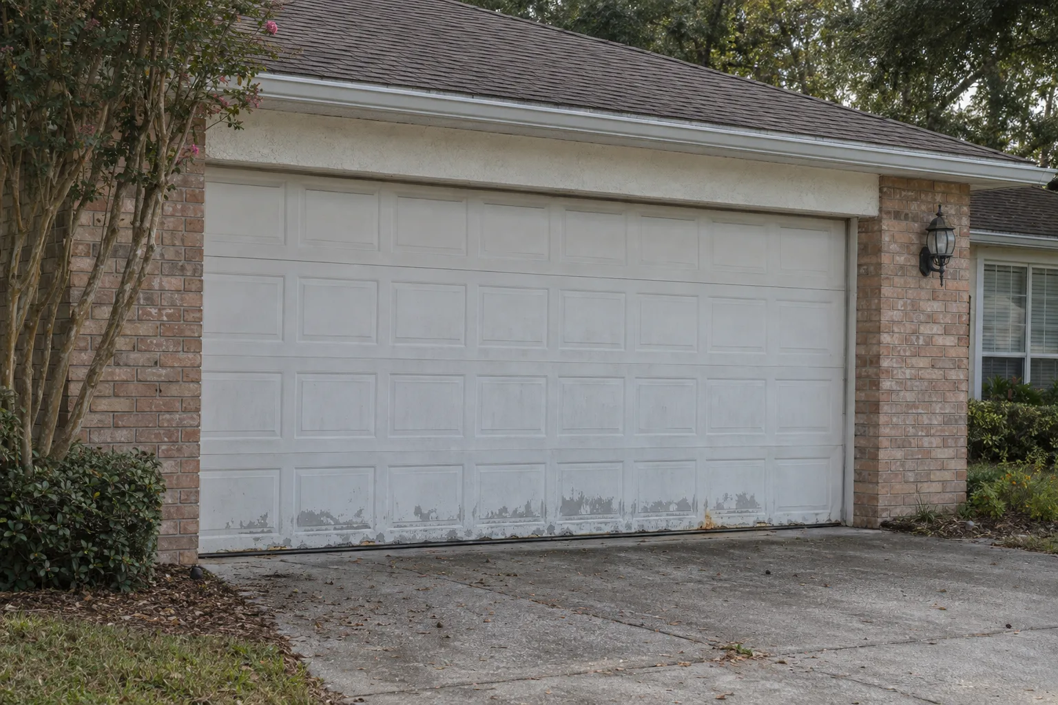 A faded, oxidized white steel garage door on an older Florida ranch-style home in afternoon light, showing sun damage, chalky paint, and rust staining typical of Central Florida climate wear