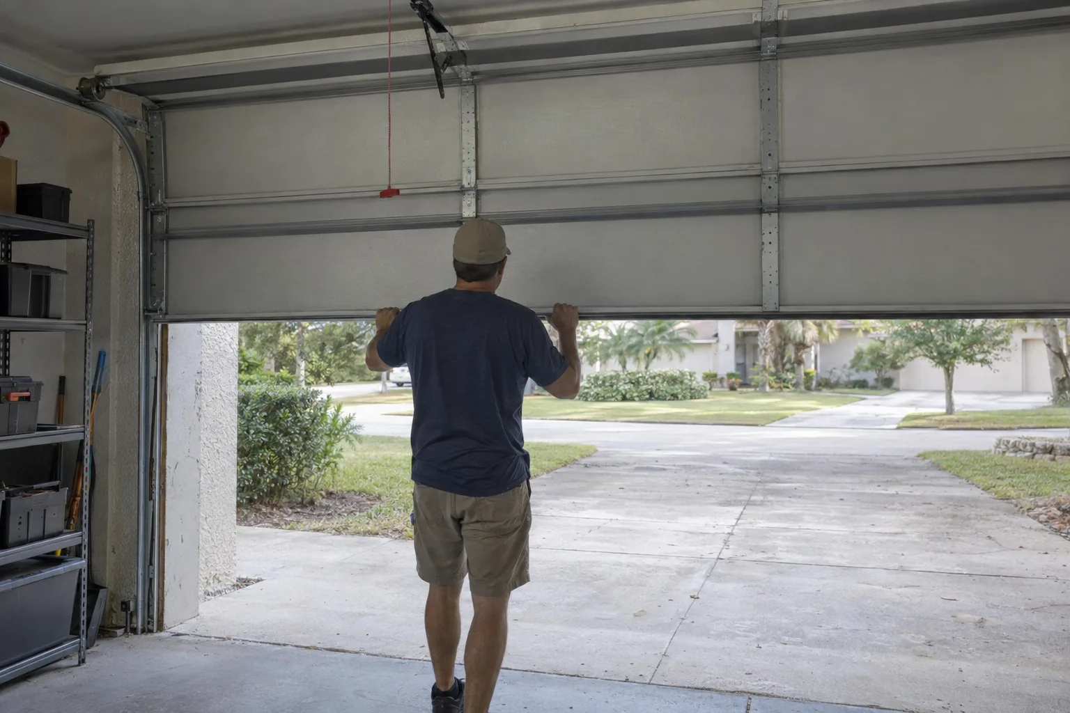A technician's hands holding a sectional garage door at waist height in the half-open position to check its balance, with the opener disconnect cord hanging above in a bright residential garage