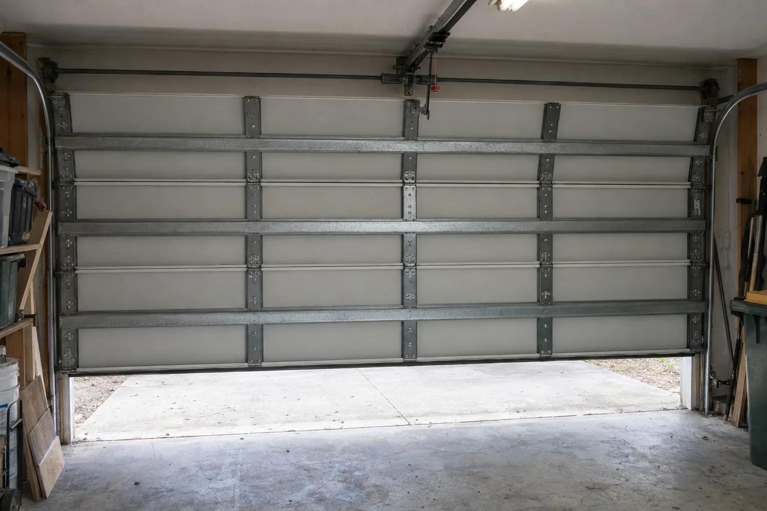 Interior of a residential garage looking up at the back of a sectional overhead door, showing horizontal stiffener braces and vertical steel stiles bolted across the door panels, lit by diffuse daylight from below and overhead shop lighting