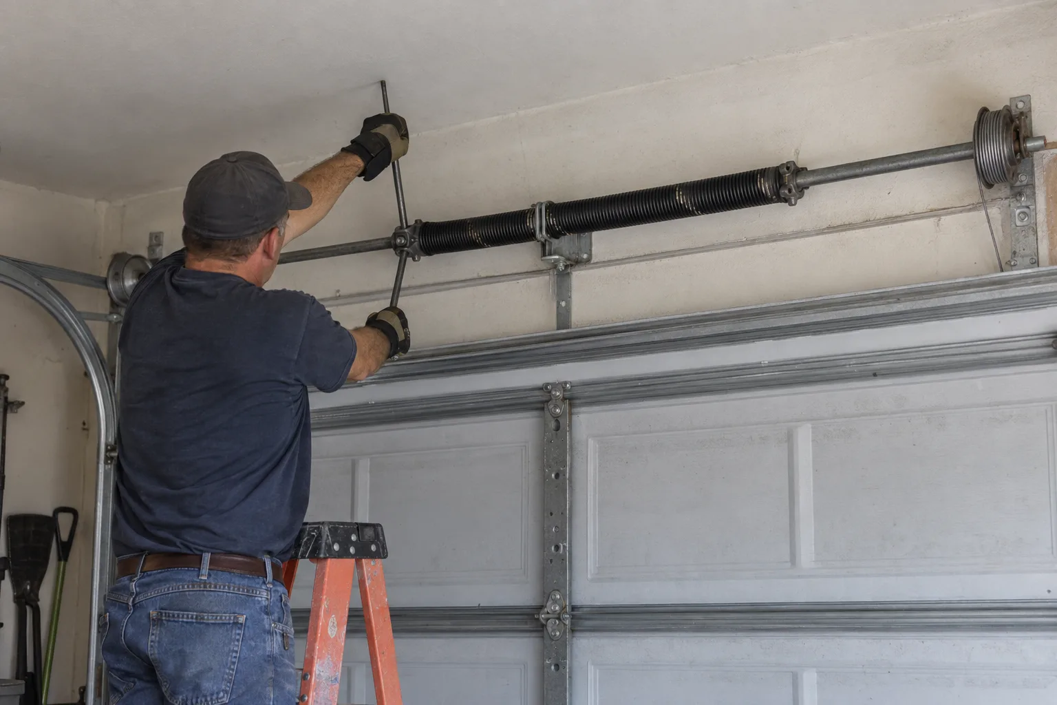 Torsion springs, steel cables, and rollers arranged on a concrete driveway in bright sunlight, with a stucco garage wall softly blurred in the background