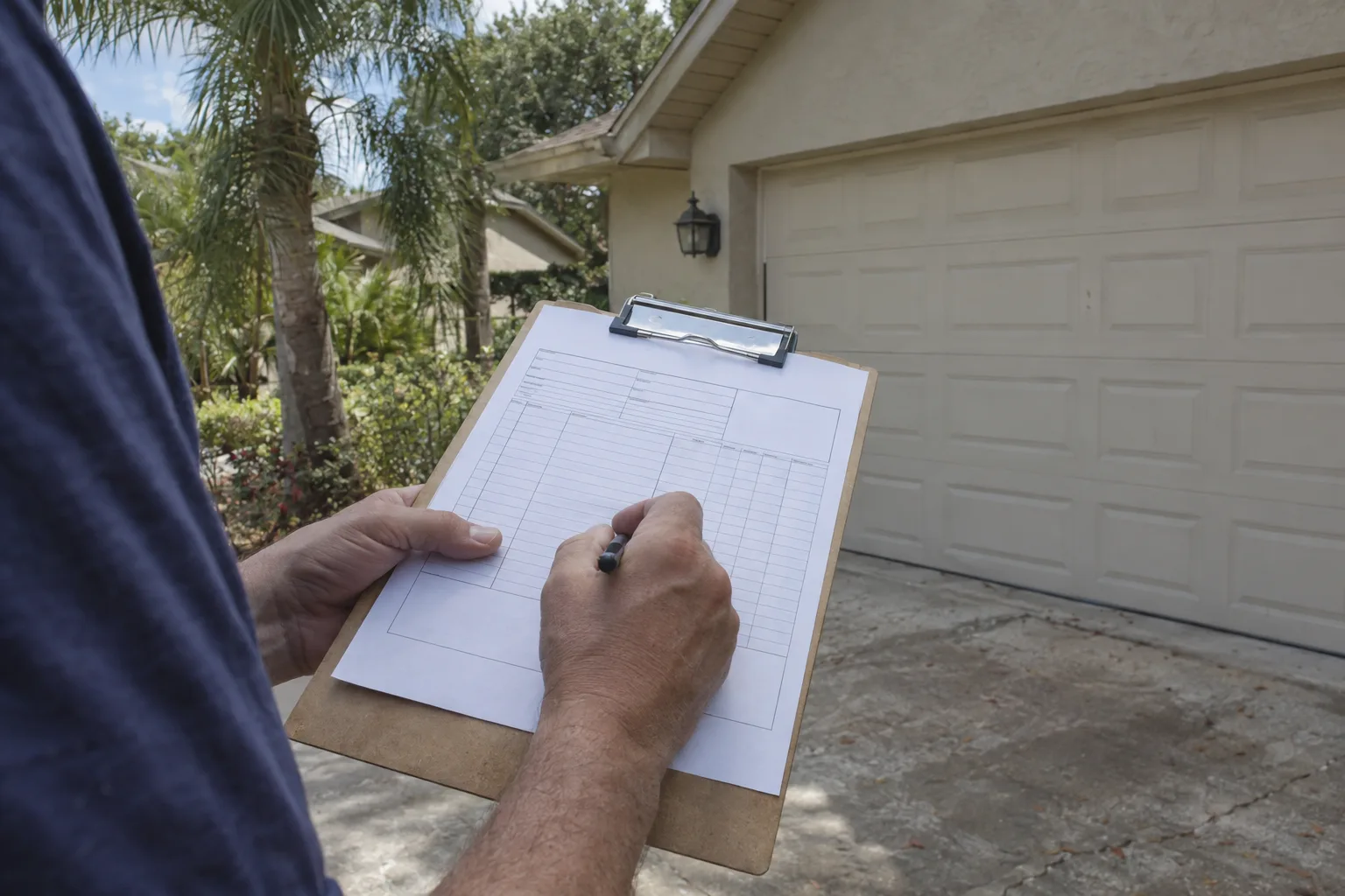 A technician's hands writing on a clipboard in a sunlit driveway in front of a stucco Florida home with a closed garage door and palm trees visible in the background