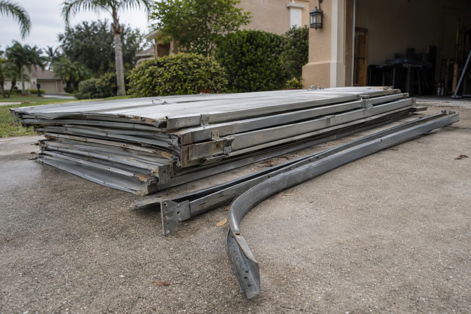 Worn steel garage door panels and old track sections stacked on a concrete driveway beside a Florida stucco home, surrounded by tropical greenery in bright daylight.