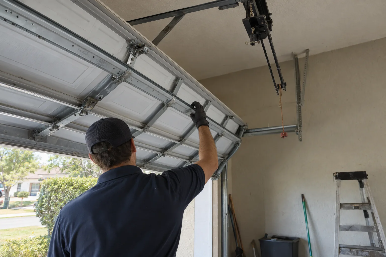 A technician's back and gloved hands inspecting a raised sectional garage door inside a Florida residential garage, with the opener trolley disengaged, warm morning light entering through the open bay