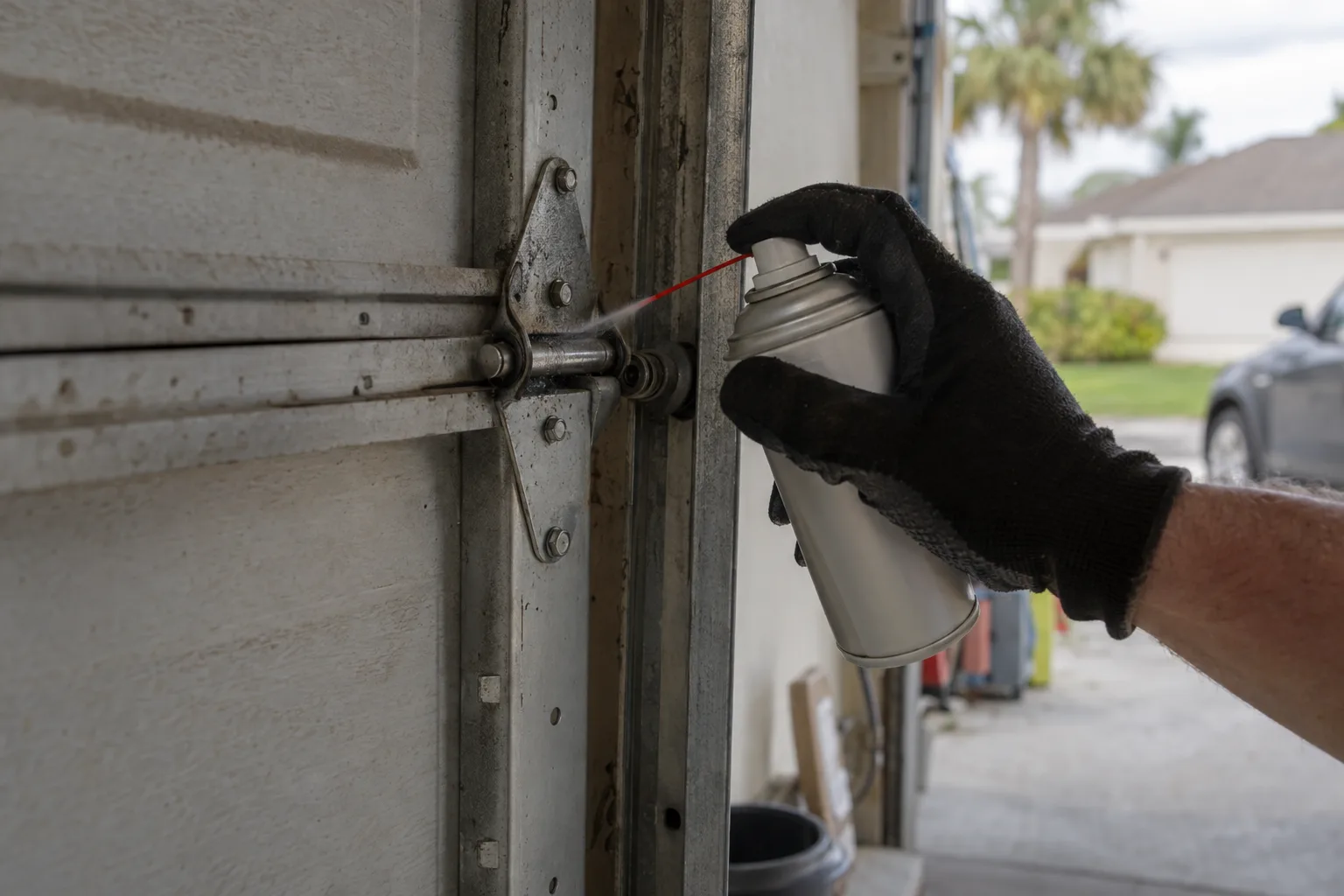 A gloved hand spraying lubricant onto a steel garage door hinge bracket inside a residential garage, with soft daylight coming from the open door behind.