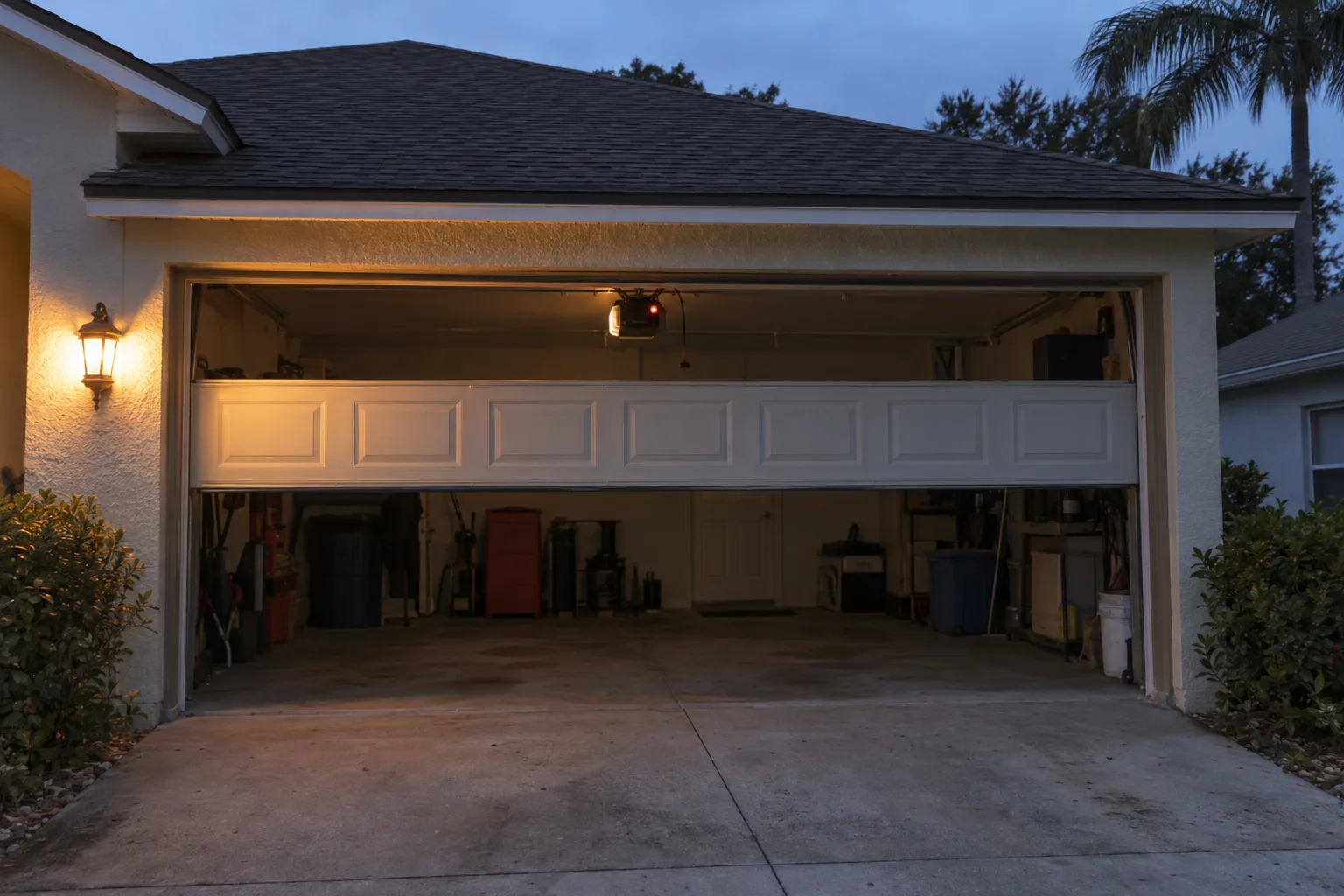 A residential garage door frozen halfway open in the evening, with the ceiling-mounted opener unit's indicator light glowing red inside the darkened garage, and a warm porch light illuminating the stucco facade of a Florida home