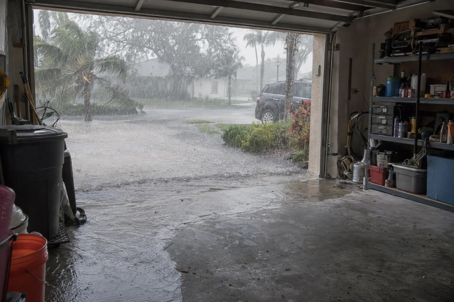 Wind-driven rain blasting through an open garage doorway of a Florida ranch home during an afternoon storm, with water pooling on the concrete threshold and the garage interior visibly exposed to the elements