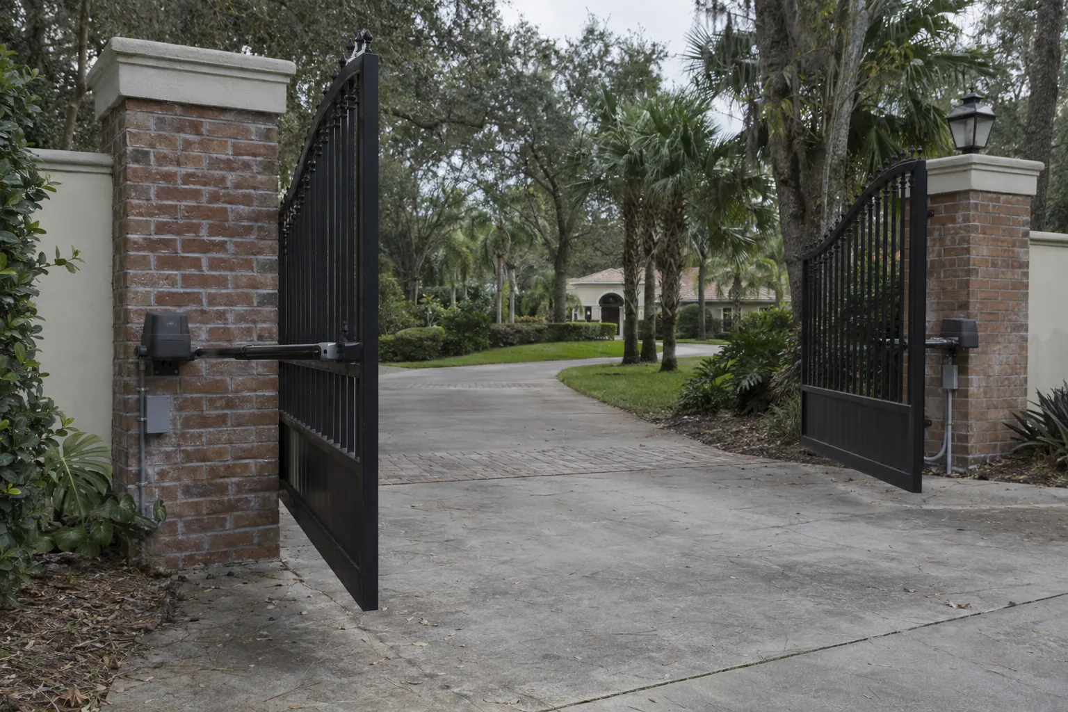 Automatic swing gate operator mounted on a brick pillar at the entrance of a Florida estate driveway, with ornamental iron gates and tropical landscaping in bright daylight