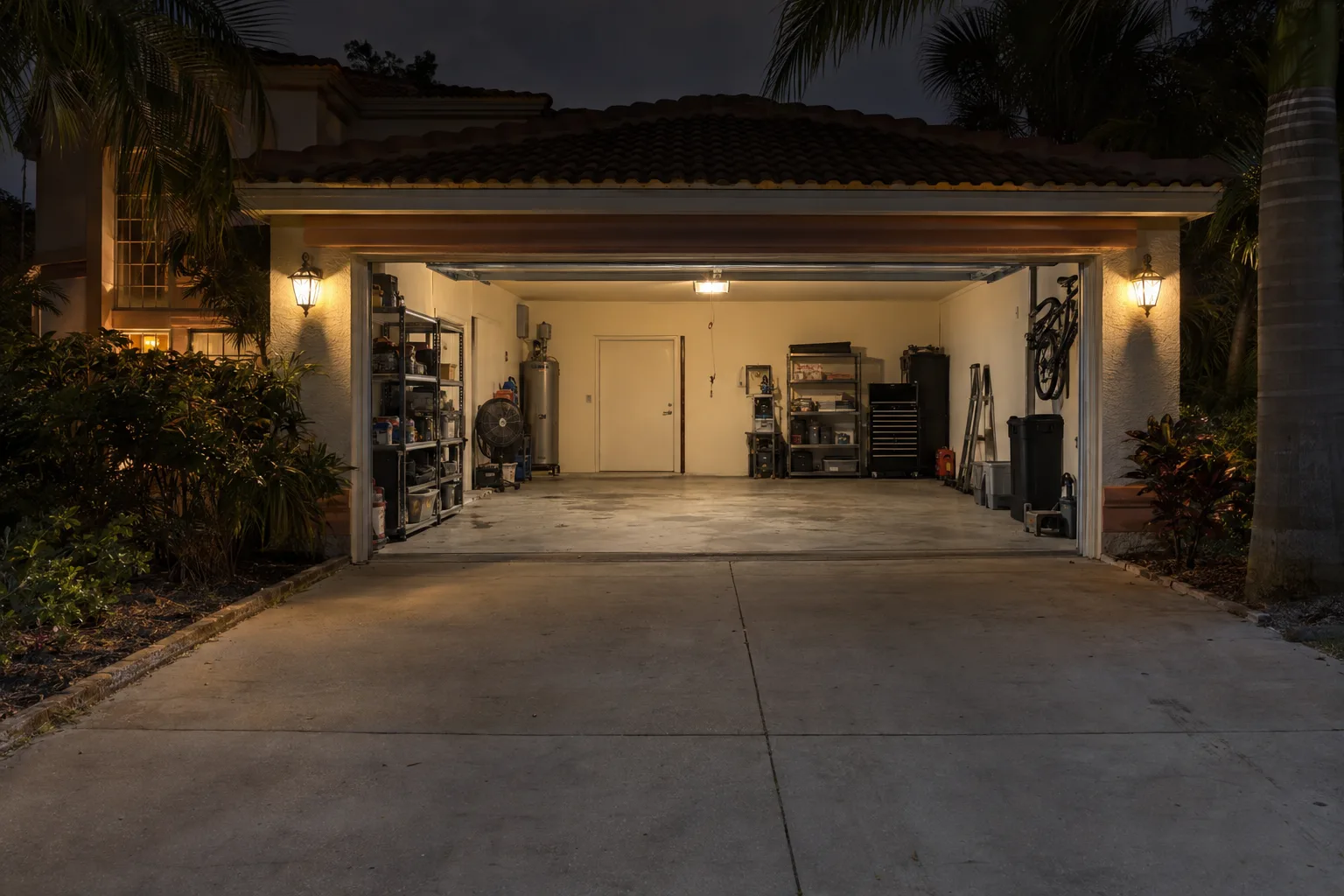 A residential garage door open late at night with an empty driveway, warm garage light spilling onto concrete, palm trees visible in the background against a dark Florida sky