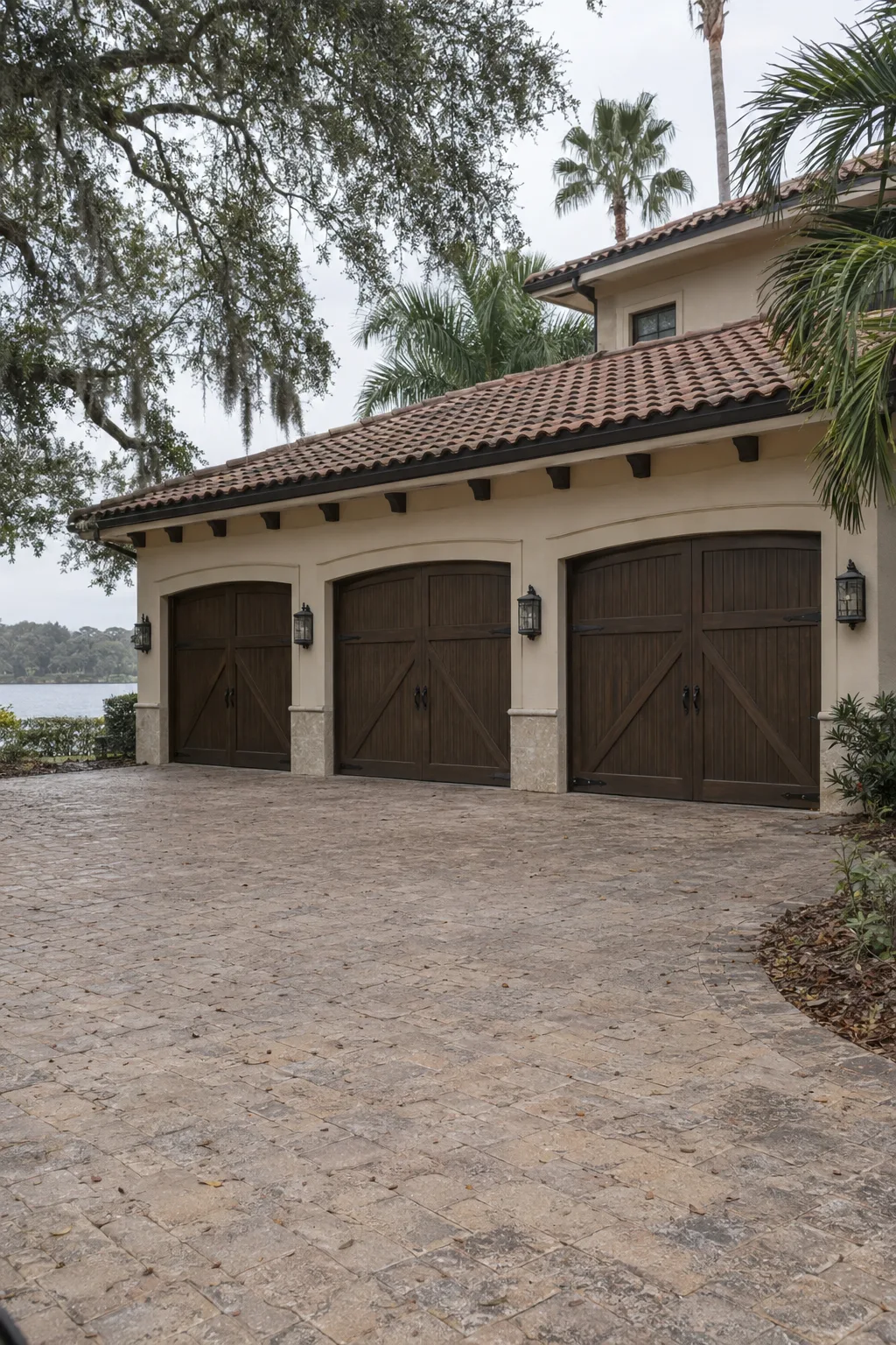 A three-car garage with custom carriage-house style doors and decorative hardware on an upscale Florida lakefront home, framed by palm trees and live oaks in warm late-afternoon light with a glimpse of water in the background.