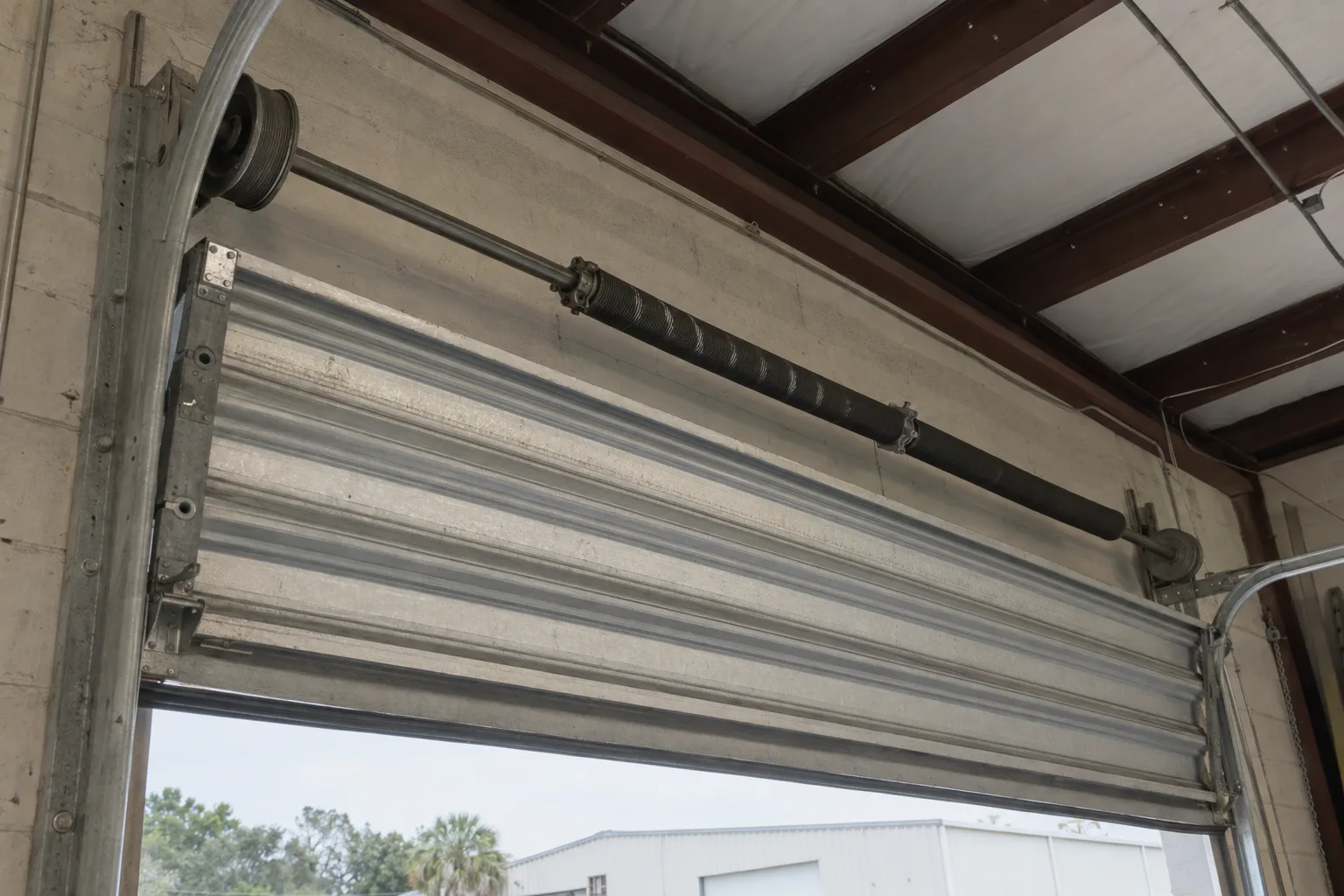 The overhead barrel drum and counterbalance torsion spring assembly of a rolling steel door mounted at ceiling level inside a commercial warehouse, viewed from below in natural daylight.