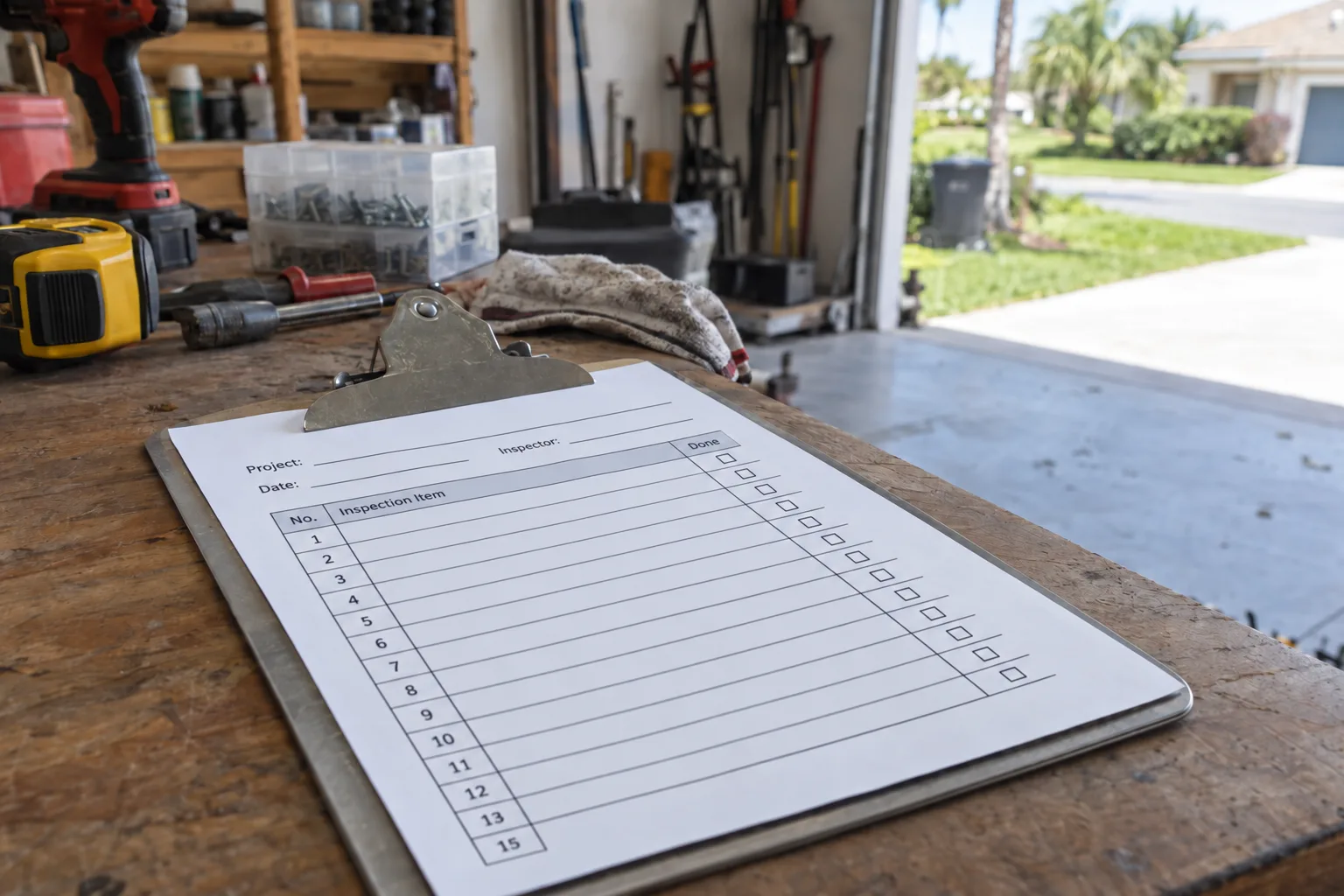 A completed garage door inspection checklist on a clipboard resting on a wooden workbench, with soft daylight from an open garage door in the background