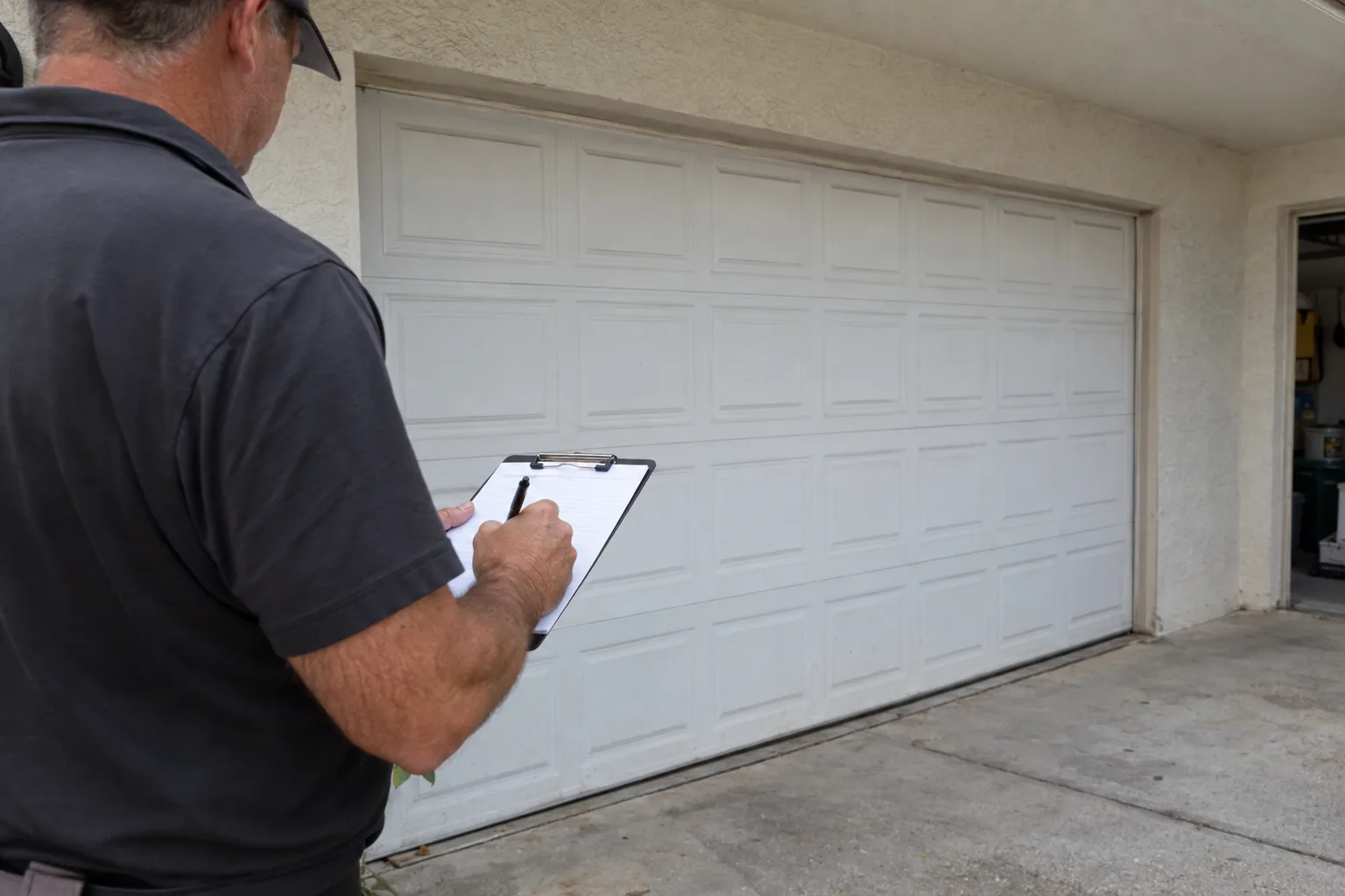 A technician, seen from behind, recording notes on a clipboard in front of a white residential garage door in a sunlit Florida garage
