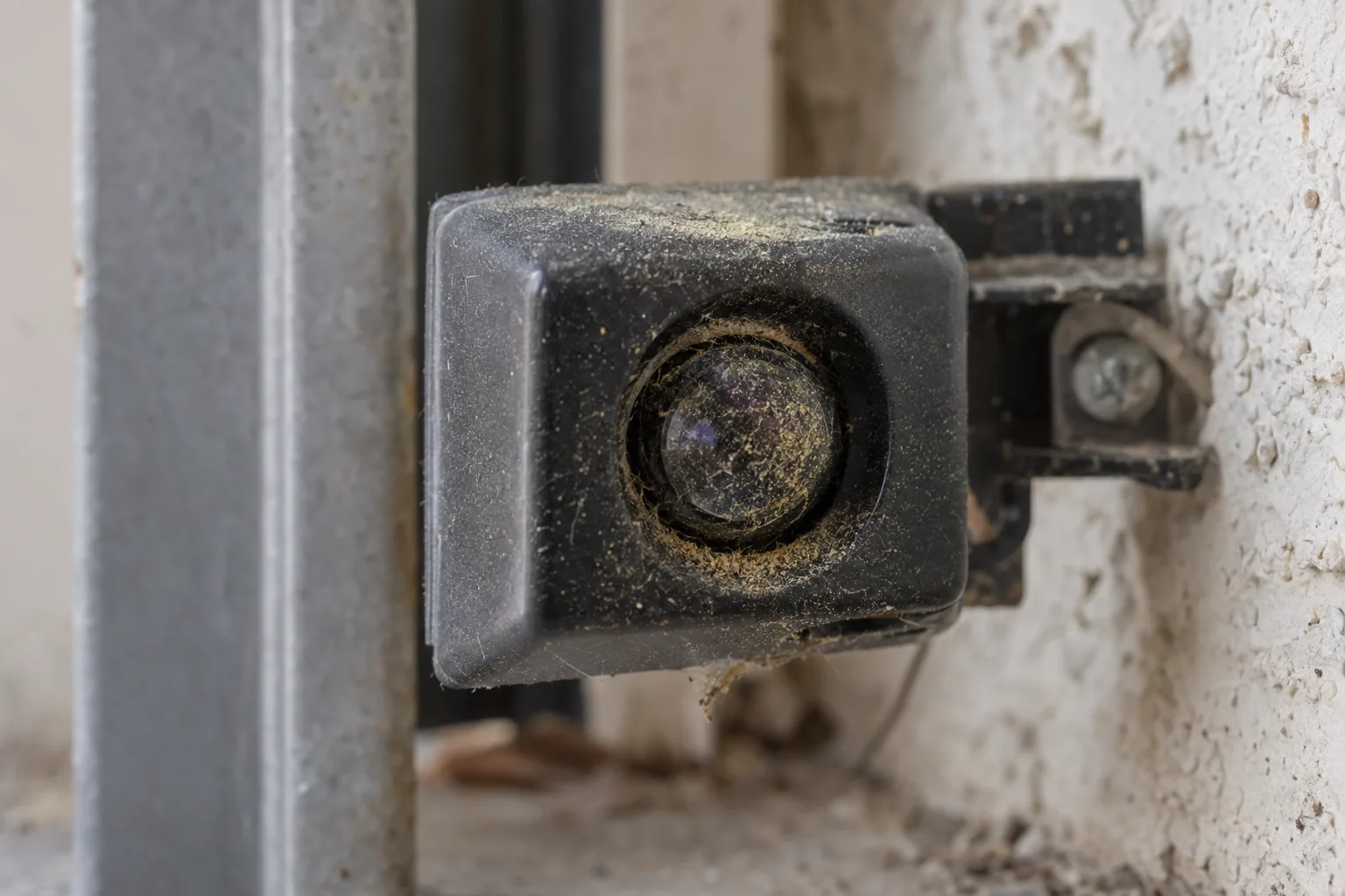 Macro close-up of a garage door photo-eye sensor lens heavily coated with fine yellow pollen and dust, with a blurred stucco garage wall visible in the soft background.