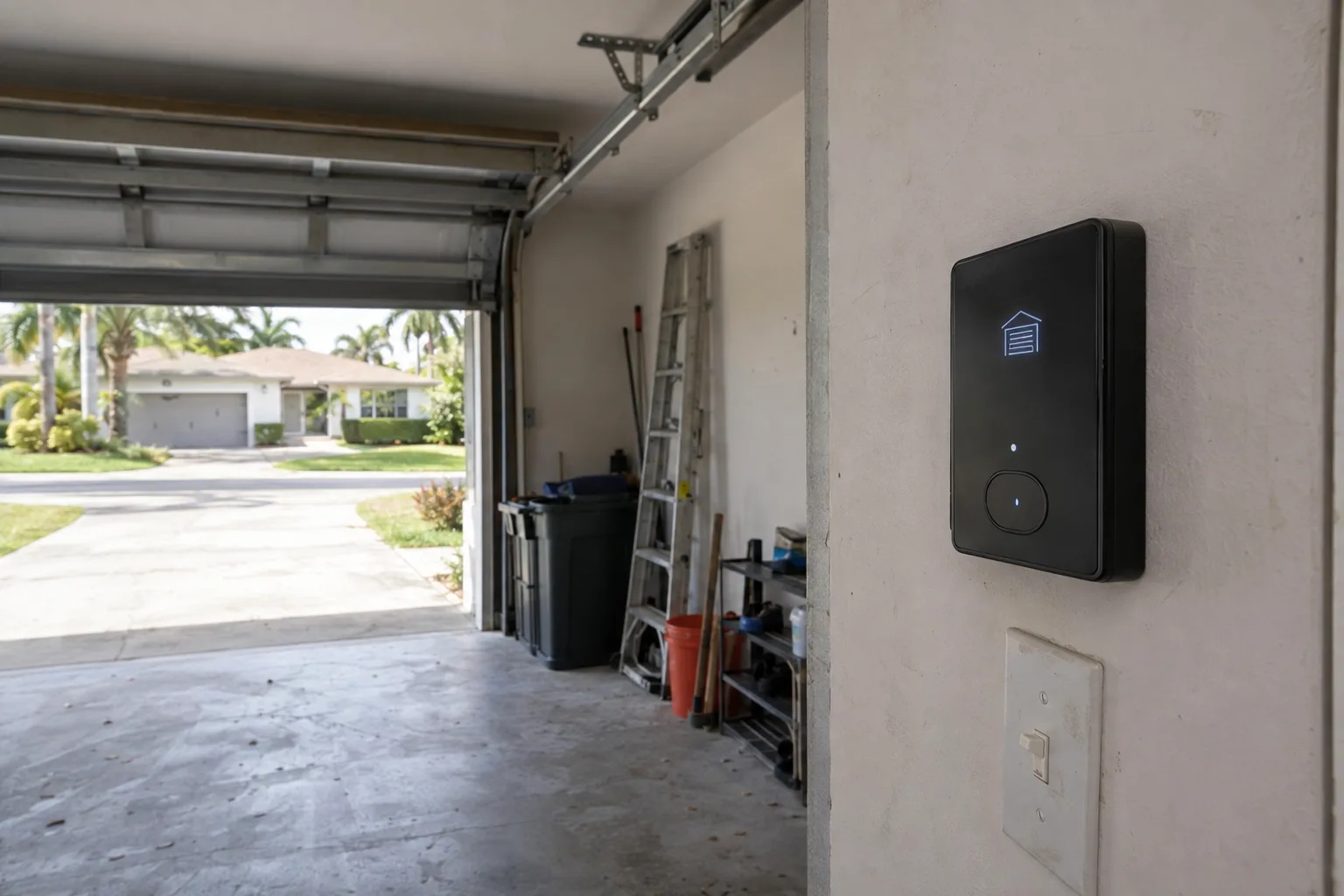 A sleek rectangular smart garage door control panel mounted on a white interior garage wall, its small display lit, with a concrete floor and the bright opening of a garage door visible in the soft background light